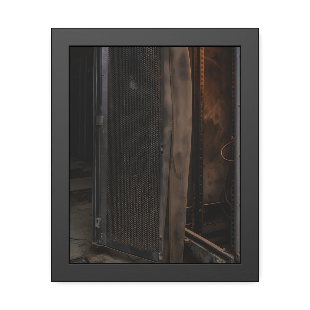 An open server rack cabinet with a mesh door and warm glow inside. The Heat Behind the Doors by Garabaggio, framed fine art print, 11″ x 14″.