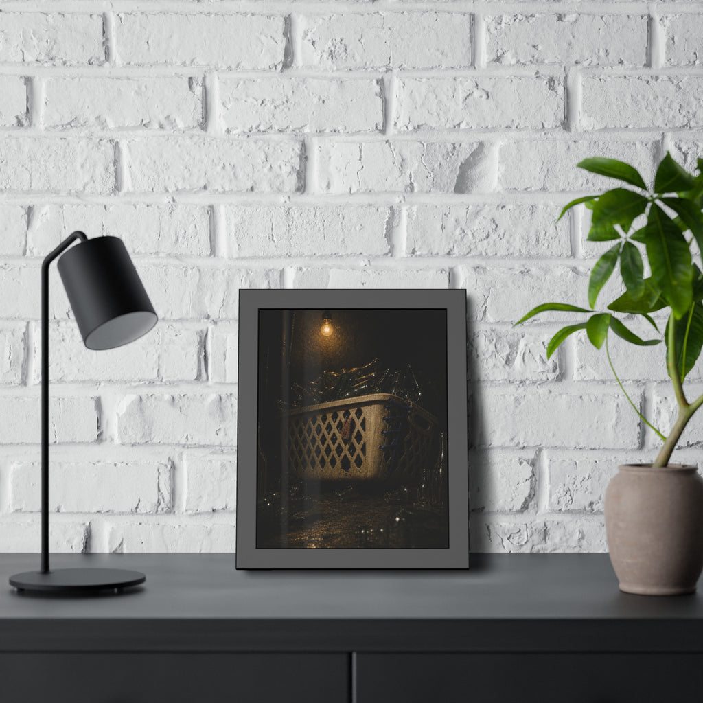 A laundry basket filled with glass bottles under a bare hanging bulb. The Second Life for Bottles by Garabaggio, framed fine art print hanging in a room.