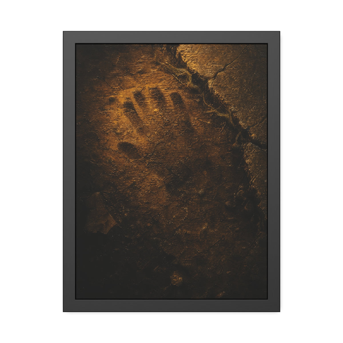 A glove shaped imprint left in cracked asphalt under warm light. The Assumption, or: What Remains by Garabaggio, framed fine art print hanging in a room.