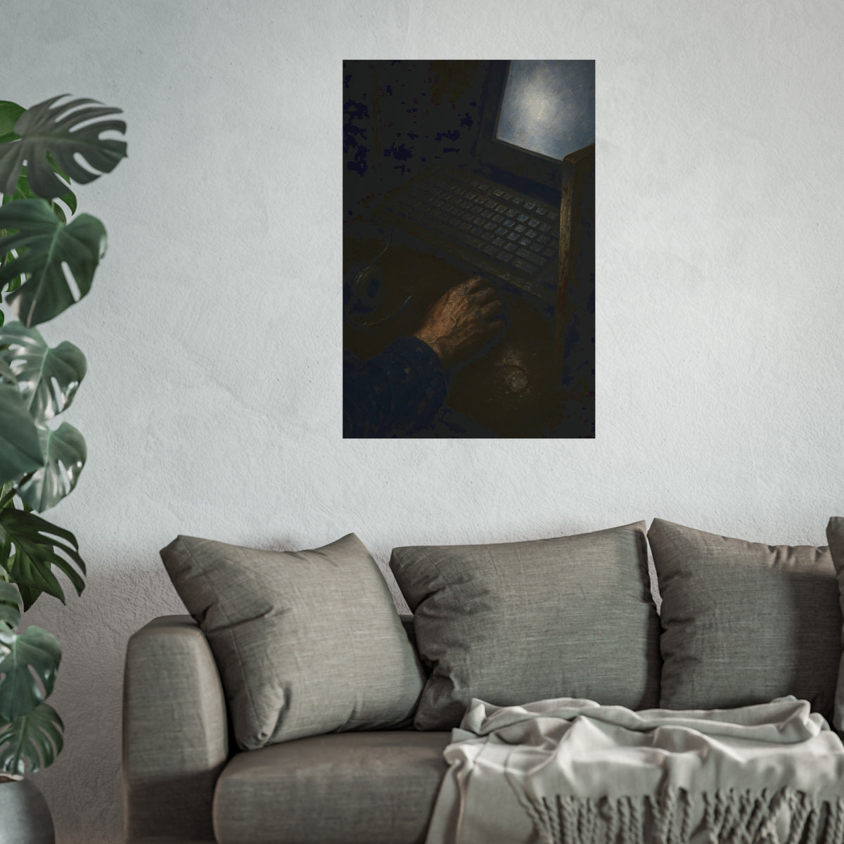A hand on a mouse beside a grimy keyboard and a pale glowing screen. Login Before Dawn by Garabaggio, fine art print hanging in a room.