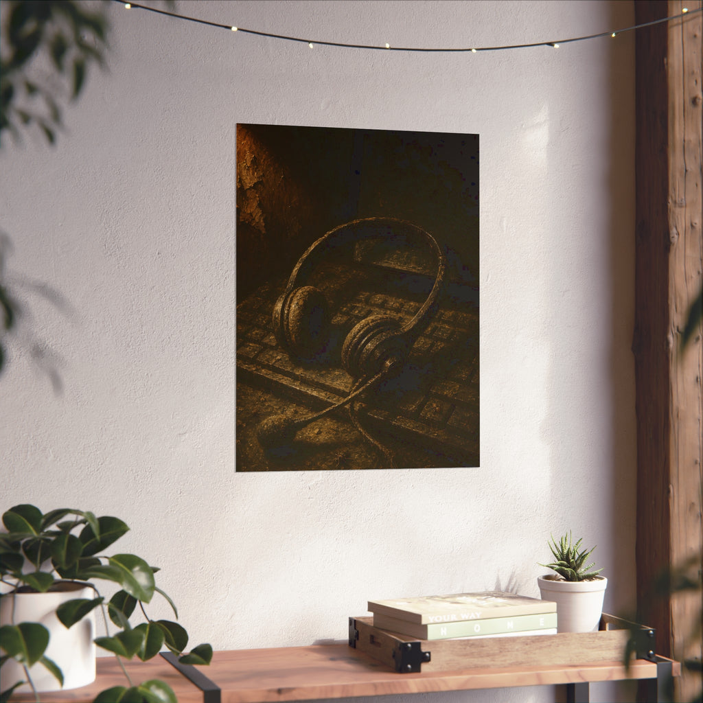 Dust covered headset resting on an old keyboard in brown light. Cubicles Under Dust by Garabaggio, fine art print hanging in a room.