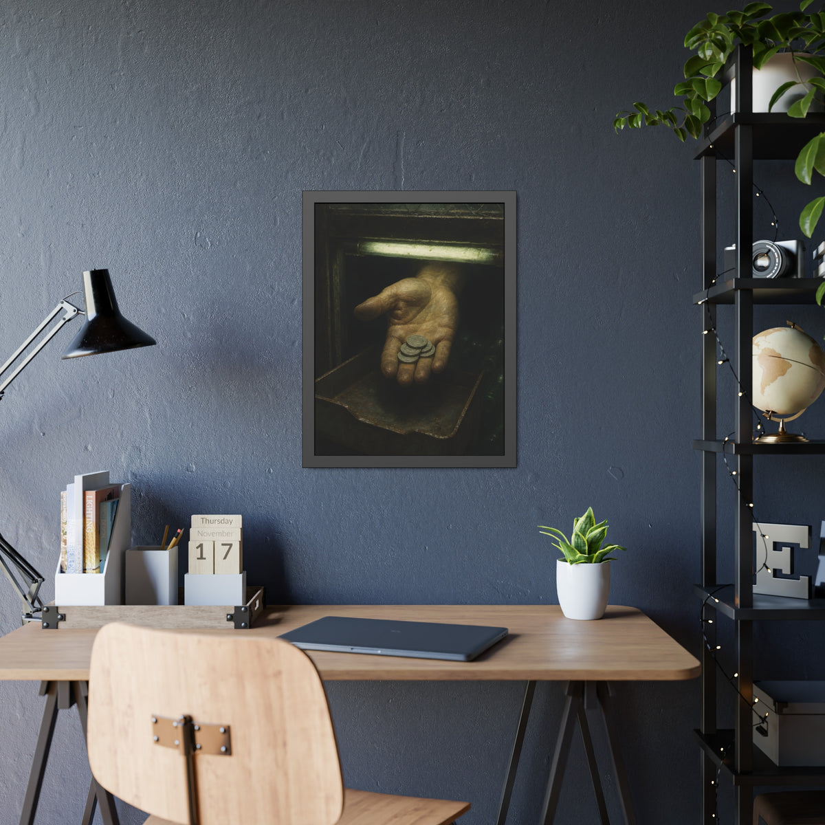 An open palm holding coins over a metal tray under a fluorescent tube. The Nickel Rendered by Garabaggio, framed fine art print hanging in a room.