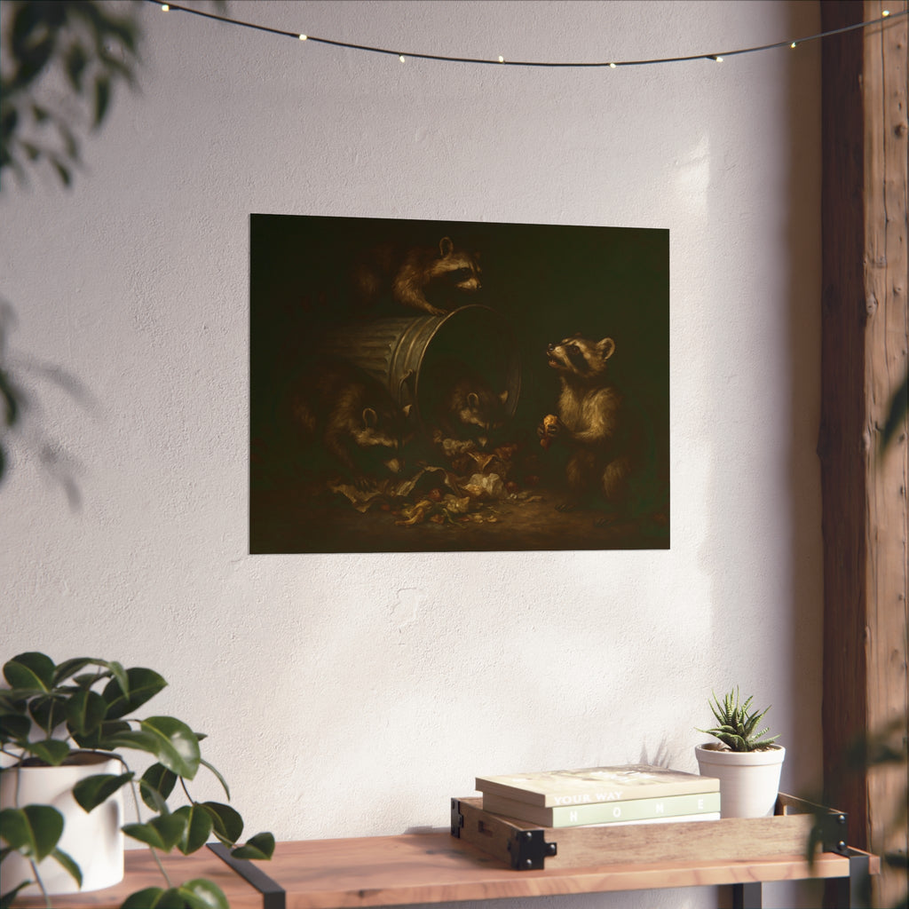 Four raccoons around a toppled metal trash can in the dark. The Last Bite by Garabaggio, fine art print hanging in a room.