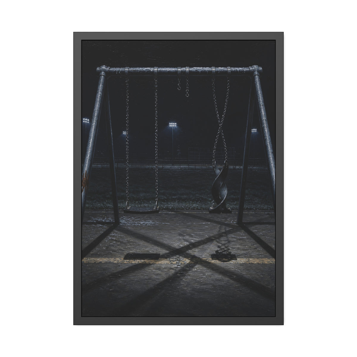 An empty swing set at night with one seat twisted up on its chains. The First Hour: The Twisted Seat by Garabaggio, framed fine art print, 28″ x 40″.