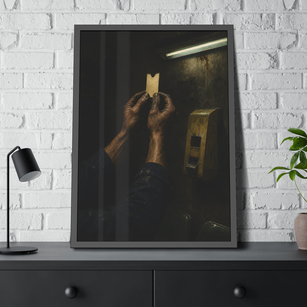 Weathered hands holding a paper queue ticket under a fluorescent tube. The First Number by Garabaggio, framed fine art print hanging in a room.