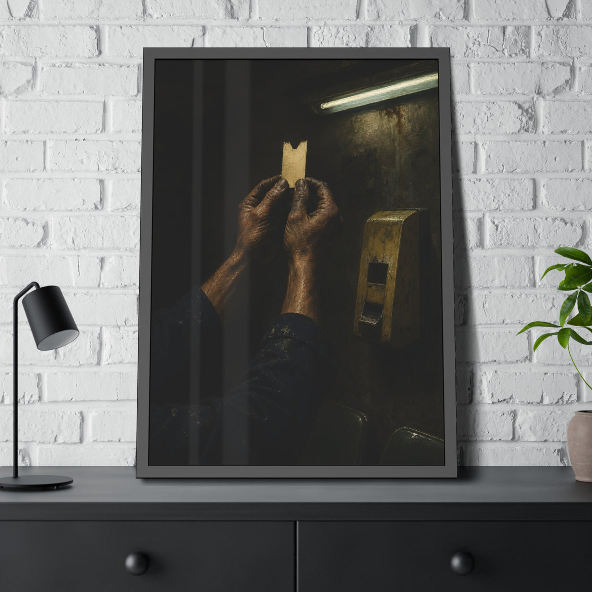 Weathered hands holding a paper queue ticket under a fluorescent tube. The First Number by Garabaggio, framed fine art print hanging in a room.