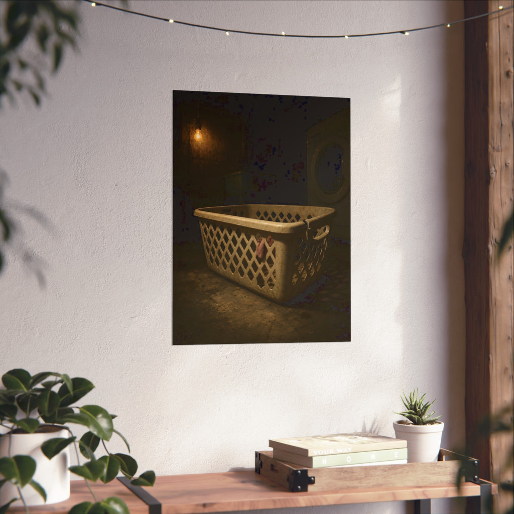 A plastic laundry basket on a basement floor under a bare hanging bulb. The First Split by Garabaggio, fine art print hanging in a room.