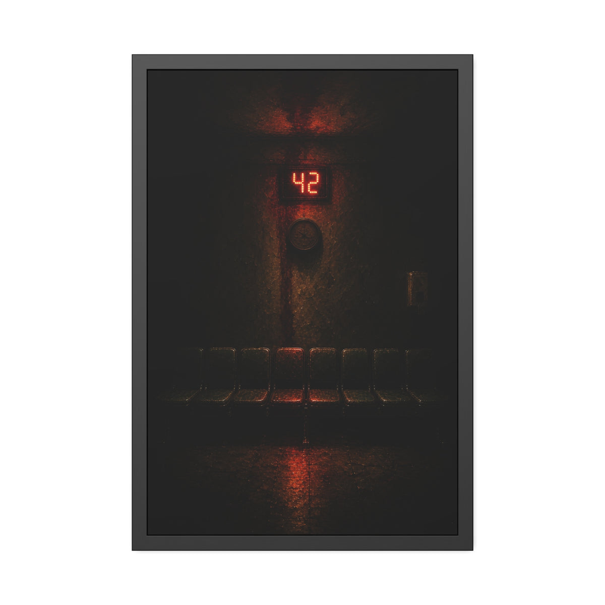A red number display glowing above an empty row of waiting room chairs. The Number Called at Last by Garabaggio, framed fine art print, 24″ x 36″.