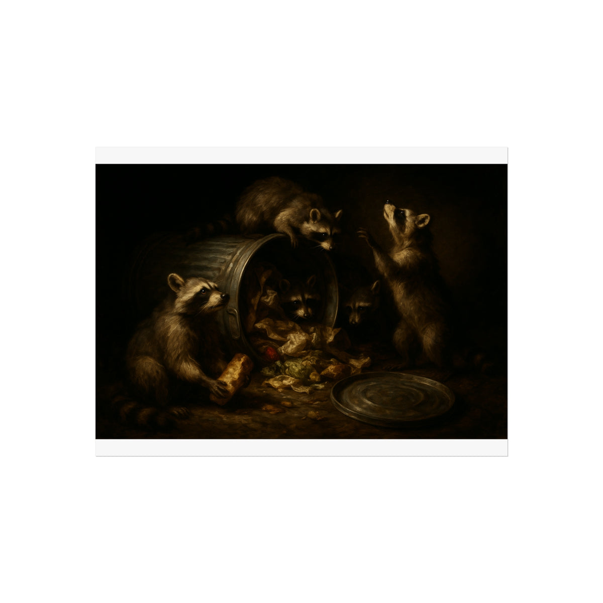 Raccoons around a tipped metal trash can, scattering food scraps. The Vigil of the Midnight Feast by Garabaggio, fine art print, 16″ x 12″.