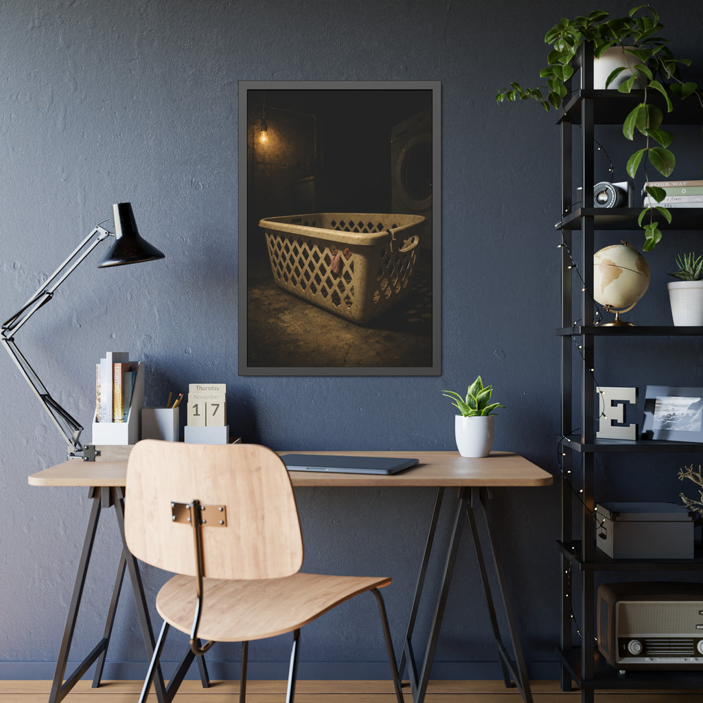 A plastic laundry basket on a basement floor under a bare hanging bulb. The First Split by Garabaggio, framed fine art print hanging in a room.