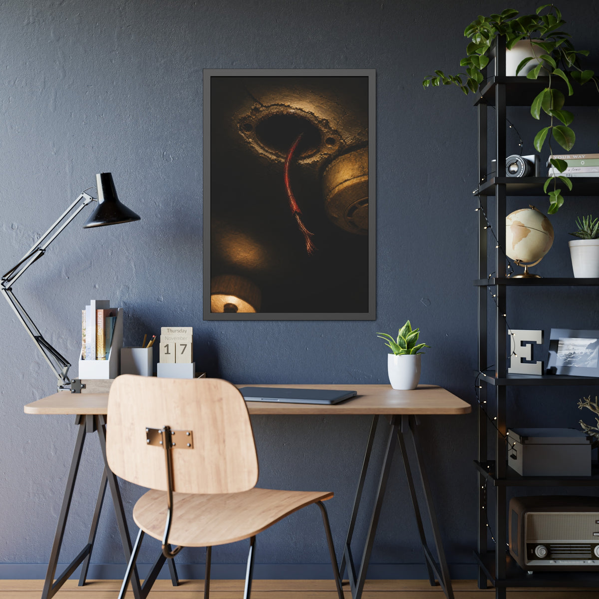 A frayed red wire hanging from a hole in a cracked ceiling. The Loose Red Wire by Garabaggio, framed fine art print hanging in a room.
