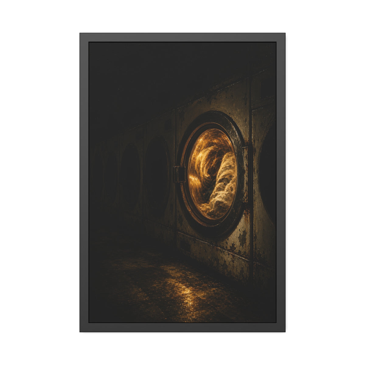 A row of dryers with one drum lit and tumbling in a dark laundromat. The Last Dryer Turning by Garabaggio, framed fine art print, 24″ x 36″.