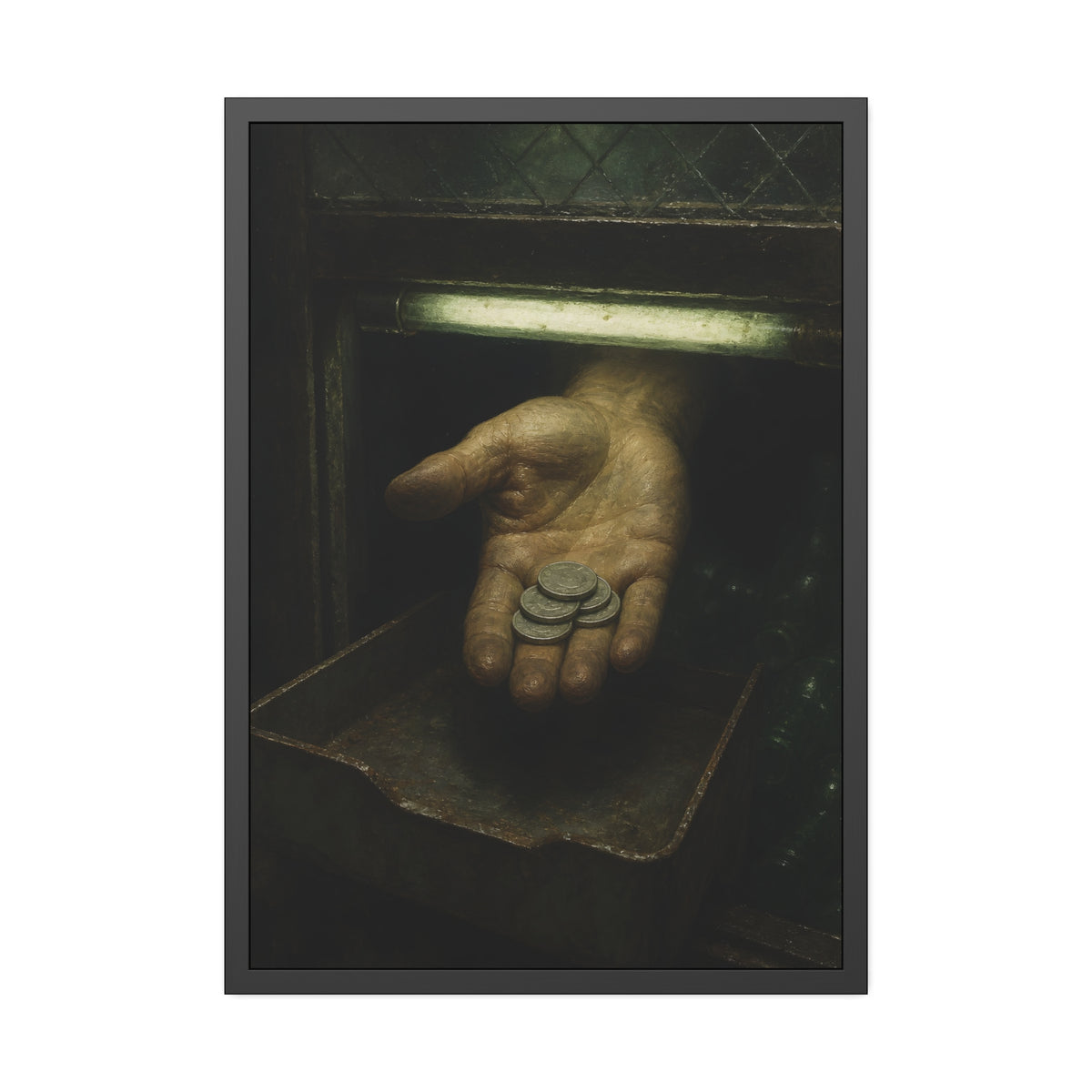 An open palm holding coins over a metal tray under a fluorescent tube. The Nickel Rendered by Garabaggio, framed fine art print, 28″ x 40″.