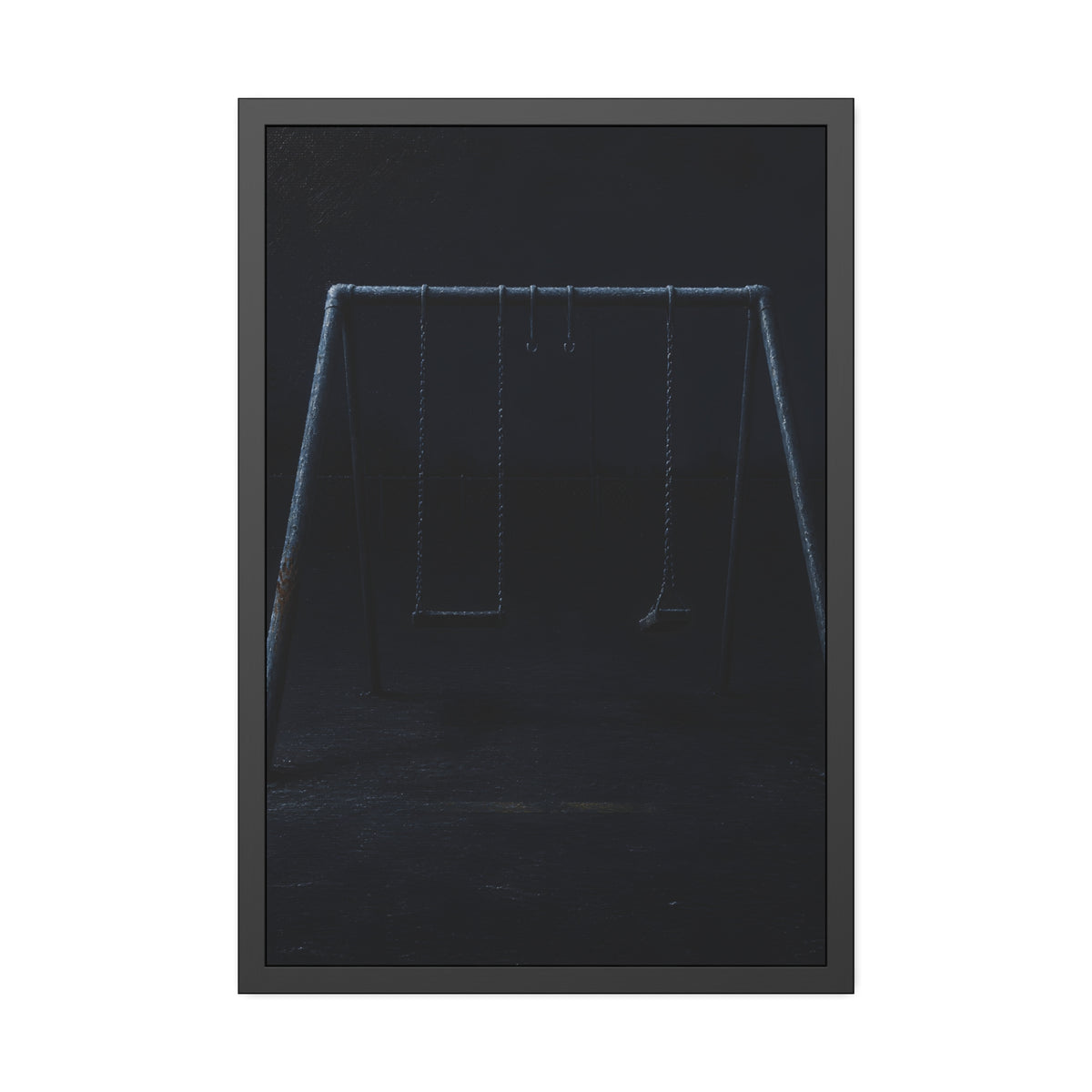 An empty swing set in near darkness with one seat twisted. The Fourth Hour: The Floodlights Cut by Garabaggio, framed fine art print, 24″ x 36″.