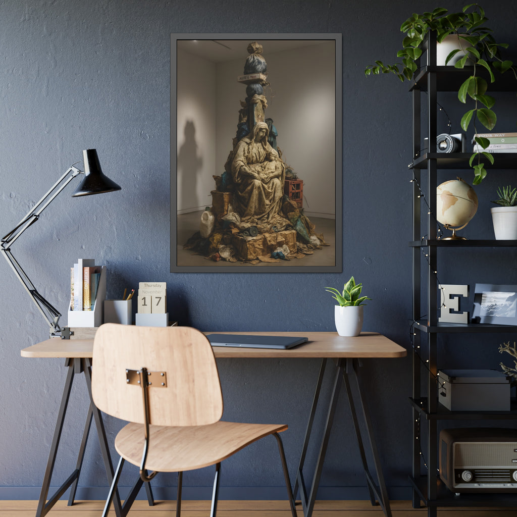 Seated hooded figure cradling a bundle on a mound of bagged refuse. Pietà of the Curbside by Garabaggio, framed fine art print hanging in a room.