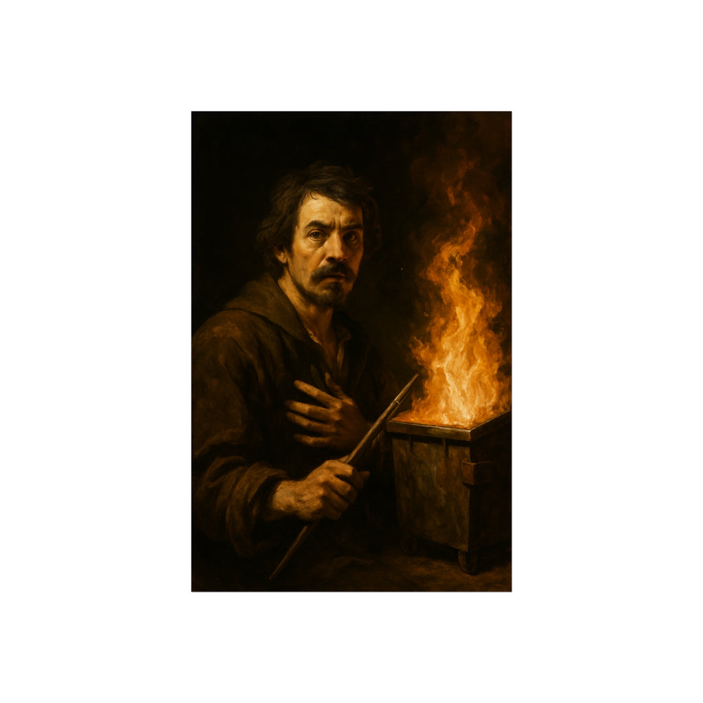 Man holding a long wooden stick, hand on chest, before a burning bin. Self-Portrait with Mahlstick by Garabaggio, fine art print hanging in a room.