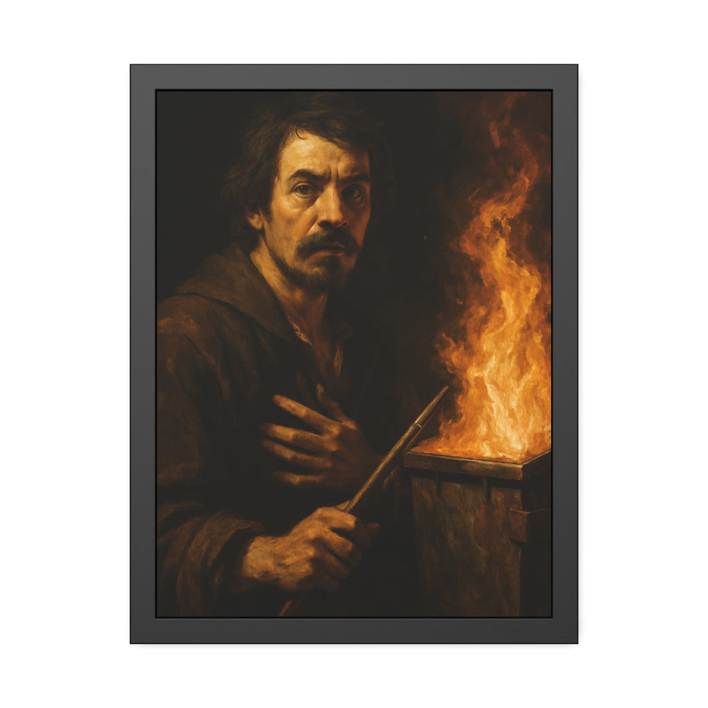 Man holding a long wooden stick, hand on chest, before a burning bin. Self-Portrait with Mahlstick by Garabaggio, framed fine art print hanging in a room.