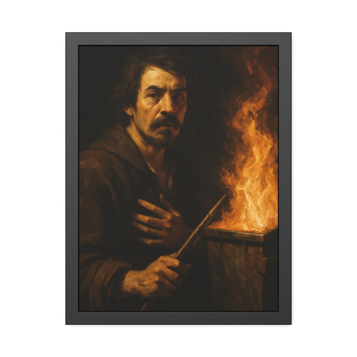 Man holding a long wooden stick, hand on chest, before a burning bin. Self-Portrait with Mahlstick by Garabaggio, framed fine art print hanging in a room.