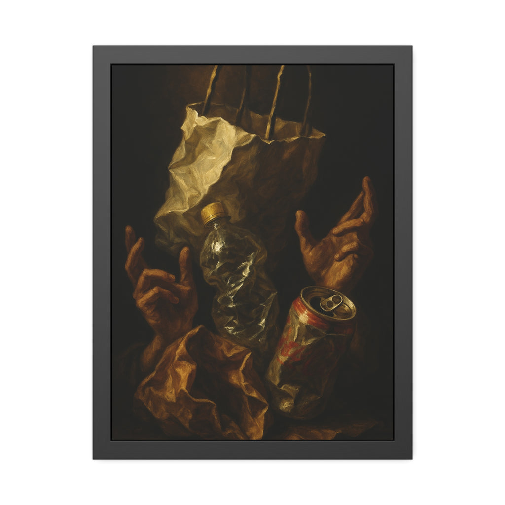 Two hands raised beside a paper bag, crushed bottle and dented can. The Assumption of the Discarded by Garabaggio, framed fine art print hanging in a room.