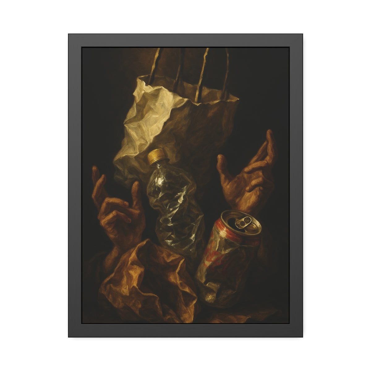 Two hands raised beside a paper bag, crushed bottle and dented can. The Assumption of the Discarded by Garabaggio, framed fine art print hanging in a room.