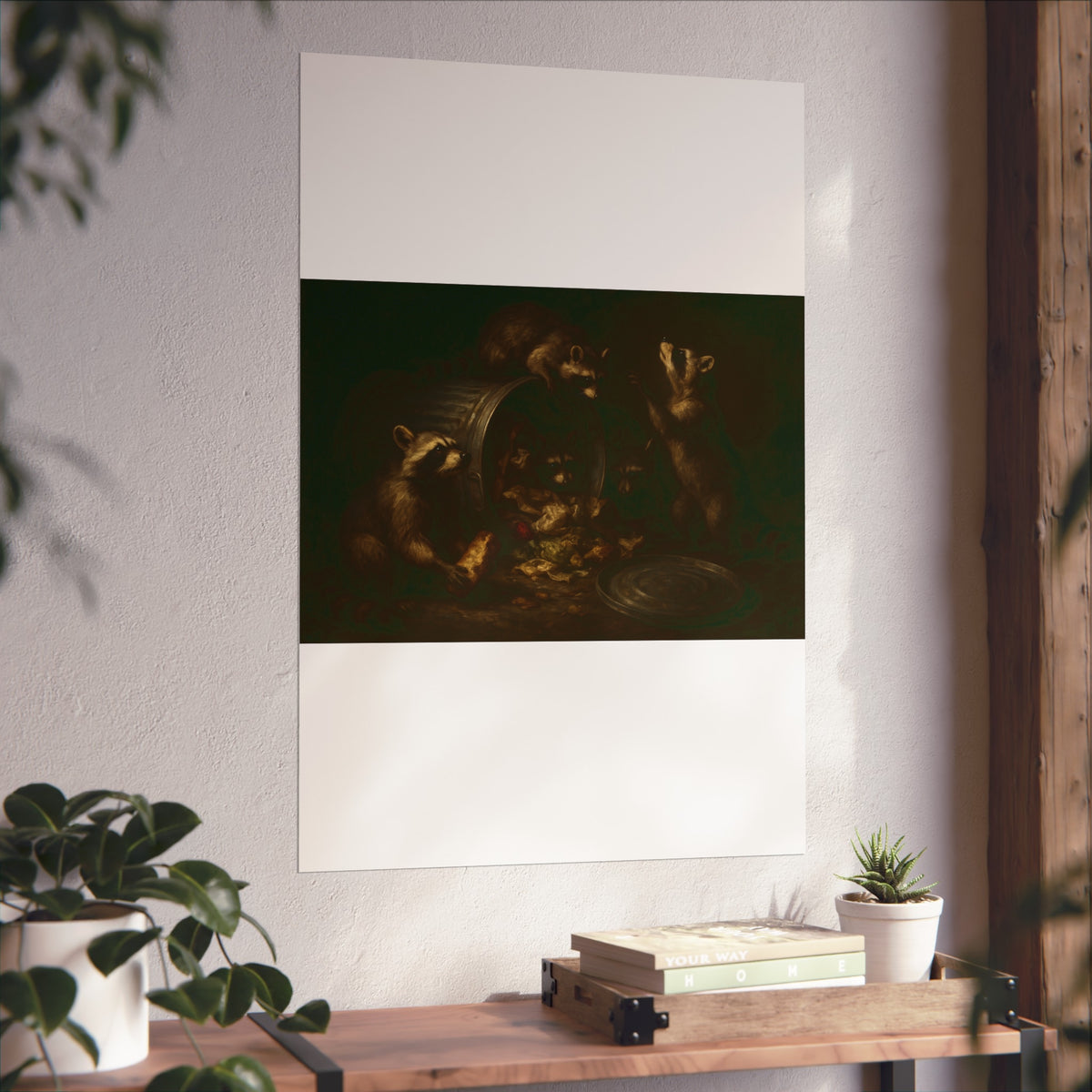 Raccoons around a tipped metal trash can, scattering food scraps. The Vigil of the Midnight Feast by Garabaggio, fine art print hanging in a room.