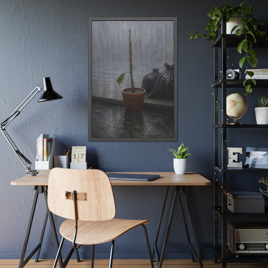 A bare stick in a clay pot on a curb in heavy rain beside trash bags. The Second Rain by Garabaggio, framed fine art print hanging in a room.