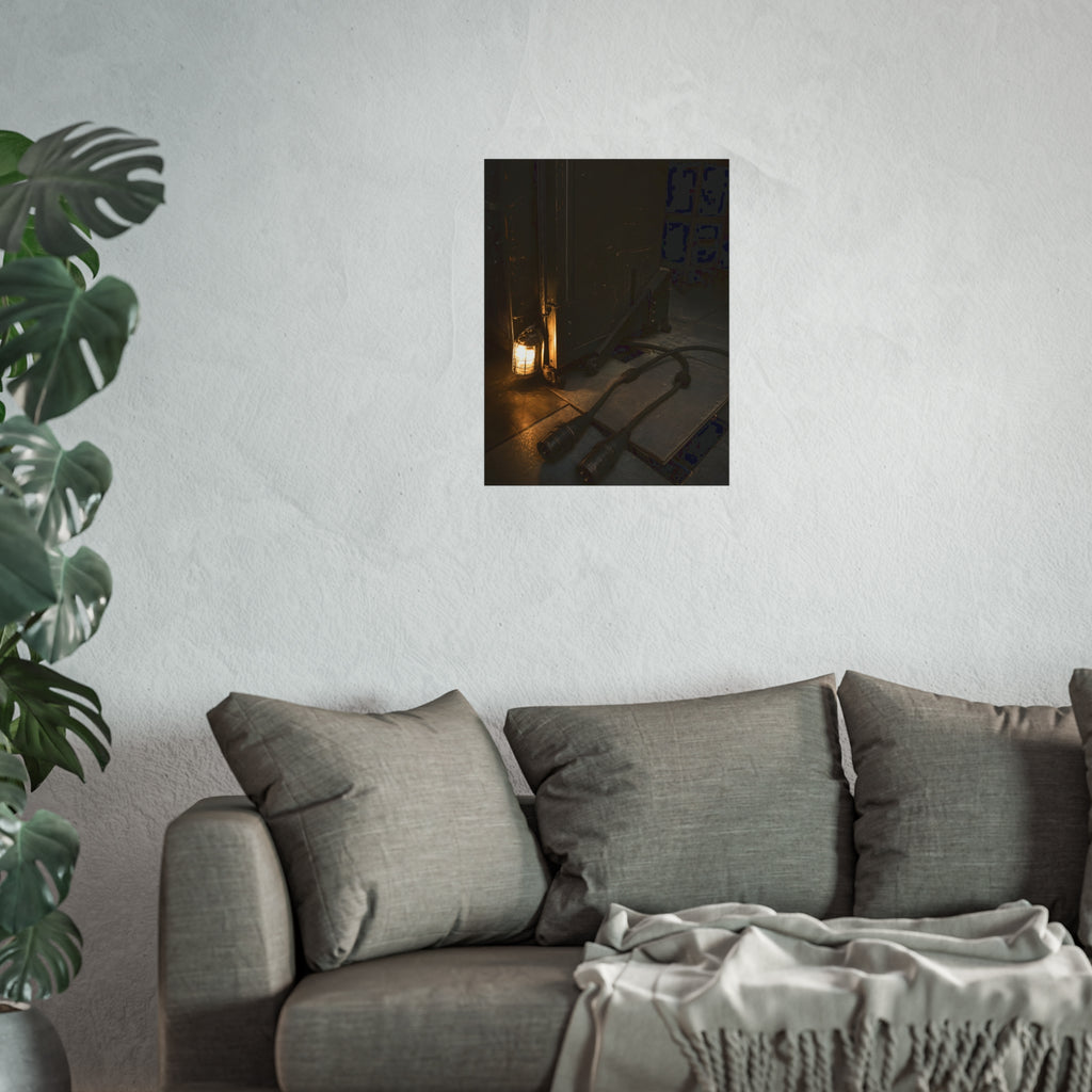 Two thick power cables unplugged on the floor beside a caged work lamp. The Redundant Power by Garabaggio, fine art print hanging in a room.
