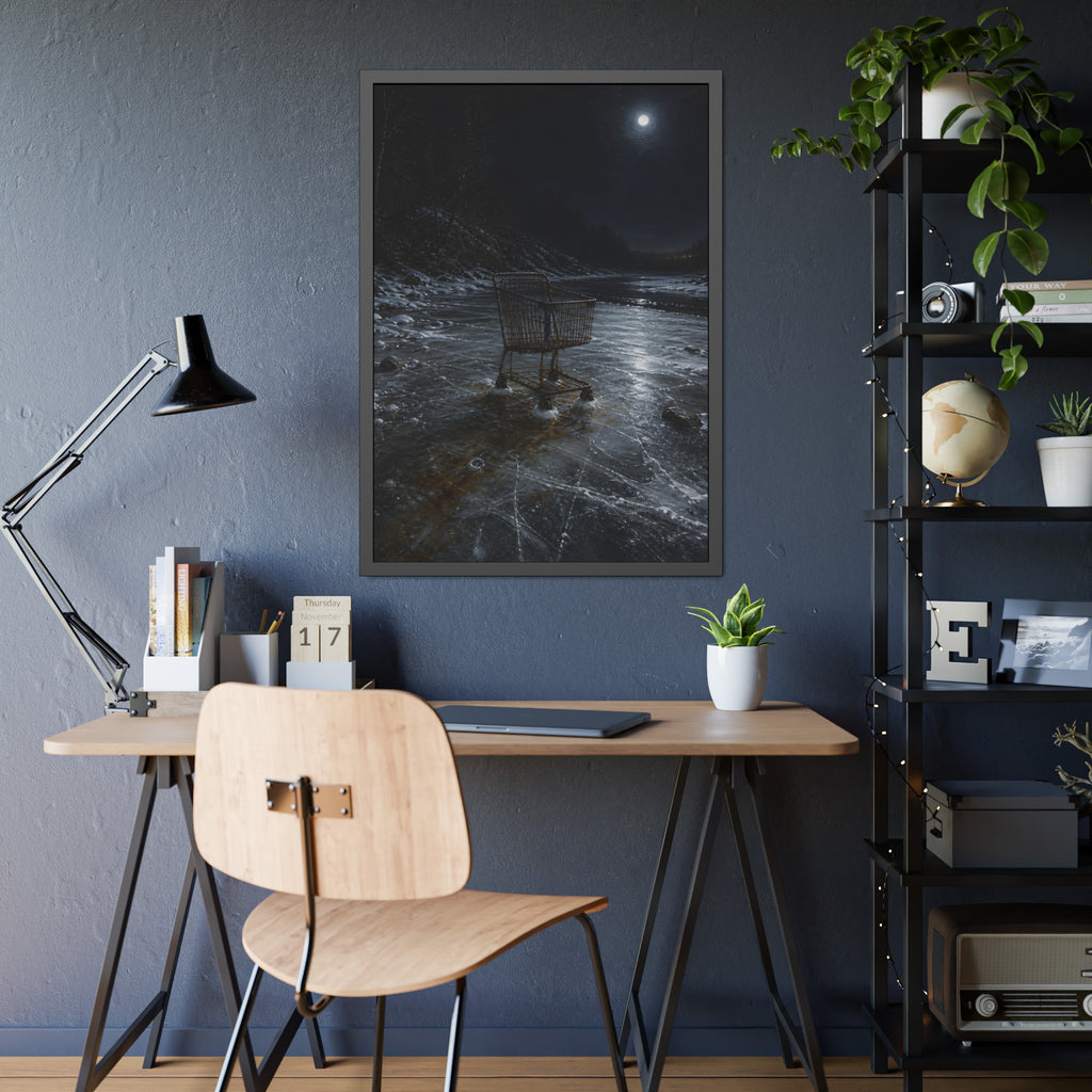 A rusted shopping cart frozen into moonlit river ice. The Wintering in the Ice by Garabaggio, framed fine art print hanging in a room.