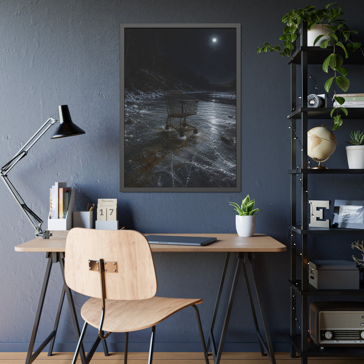 A rusted shopping cart frozen into moonlit river ice. The Wintering in the Ice by Garabaggio, framed fine art print hanging in a room.