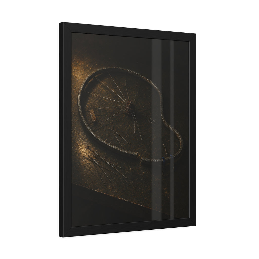 A bent bicycle wheel rim with loose spokes on a dark table in warm light. The Cutting of the Circle by Garabaggio, framed fine art print hanging in a room.