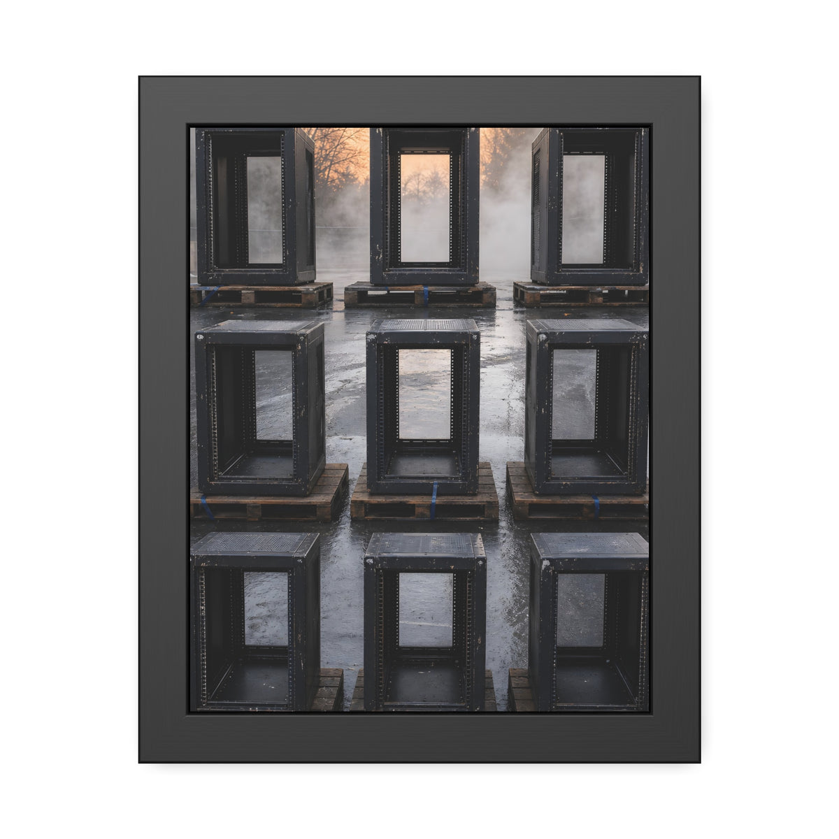 Nine empty black server racks on pallets in a wet lot at dawn. The Racks in the Morning Lot by Garabaggio, framed fine art print, 11″ x 14″.