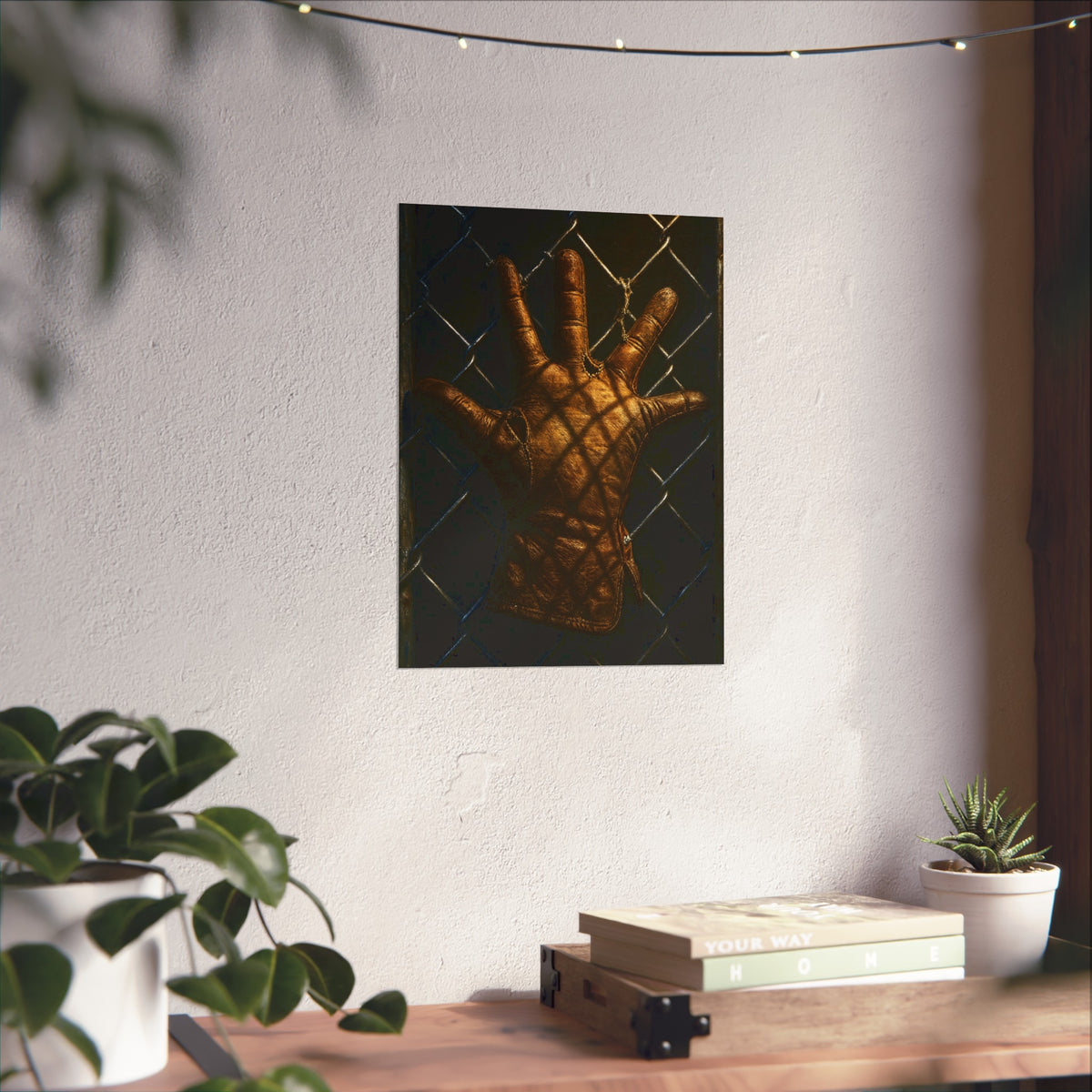 A worn leather glove caught fingers up on a dark chain-link fence. The Crucifixion on Chain-Link by Garabaggio, fine art print hanging in a room.