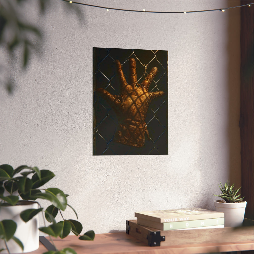 A worn leather glove caught fingers up on a dark chain-link fence. The Crucifixion on Chain-Link by Garabaggio, fine art print hanging in a room.