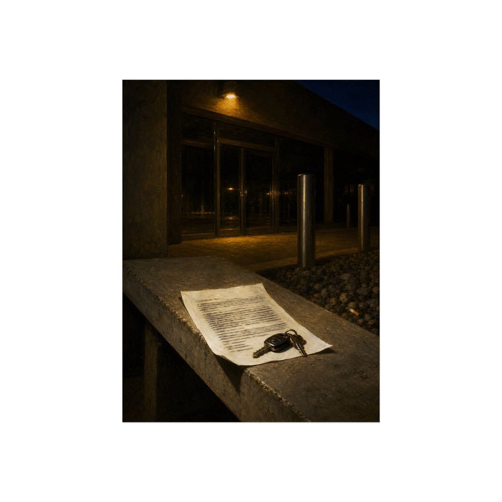 A printed page and car keys on a concrete ledge outside an office at night. The Last Email, Printed by Garabaggio, fine art print, 12″ x 16″.