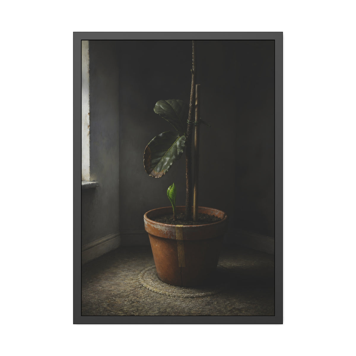 A potted plant down to two curled leaves and one new sprout by a window. The Corner by the Window Again by Garabaggio, framed fine art print, 28″ x 40″.