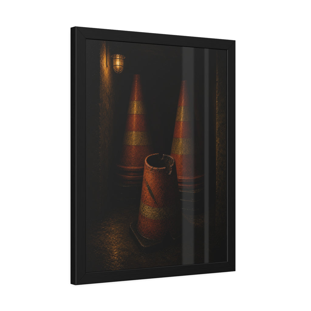 Stacked traffic cones behind a crushed one under a caged wall lamp. The Multiplication of Cones by Garabaggio, framed fine art print hanging in a room.