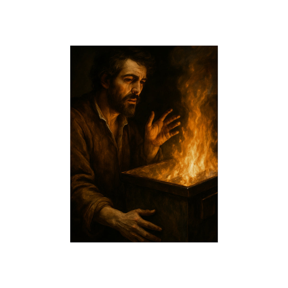 Man holding both hands toward the flames of a burning dumpster. Self-Portrait Warming the Hands by Garabaggio, fine art print, 12″ x 16″.