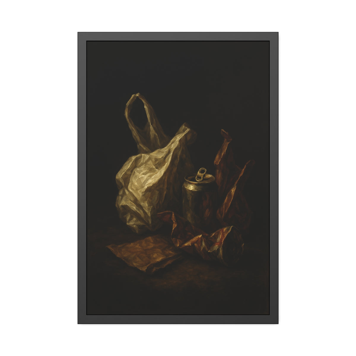 A crumpled plastic bag, crushed can and foil wrappers on a dark table. The Pietà of the Deflated by Garabaggio, framed fine art print hanging in a room.