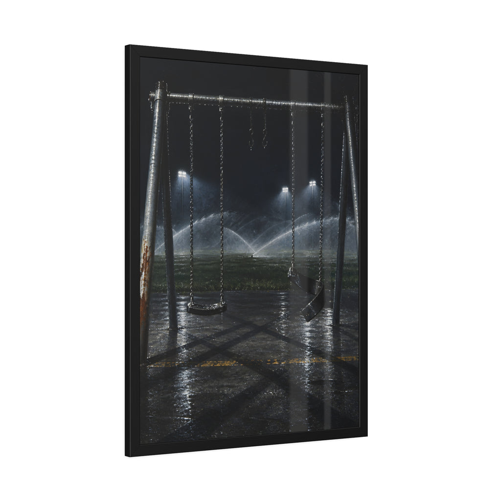 An empty swing set on wet asphalt, sprinklers arcing over the field. The Eleventh Hour: The Sprinklers by Garabaggio, framed fine art print hanging in a room.