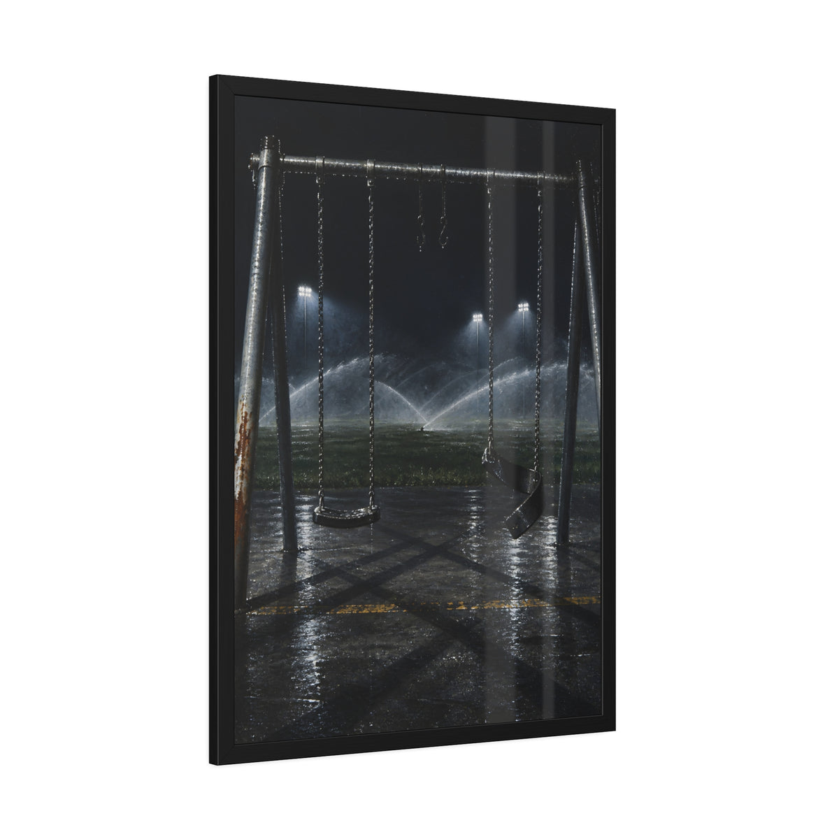 An empty swing set on wet asphalt, sprinklers arcing over the field. The Eleventh Hour: The Sprinklers by Garabaggio, framed fine art print hanging in a room.