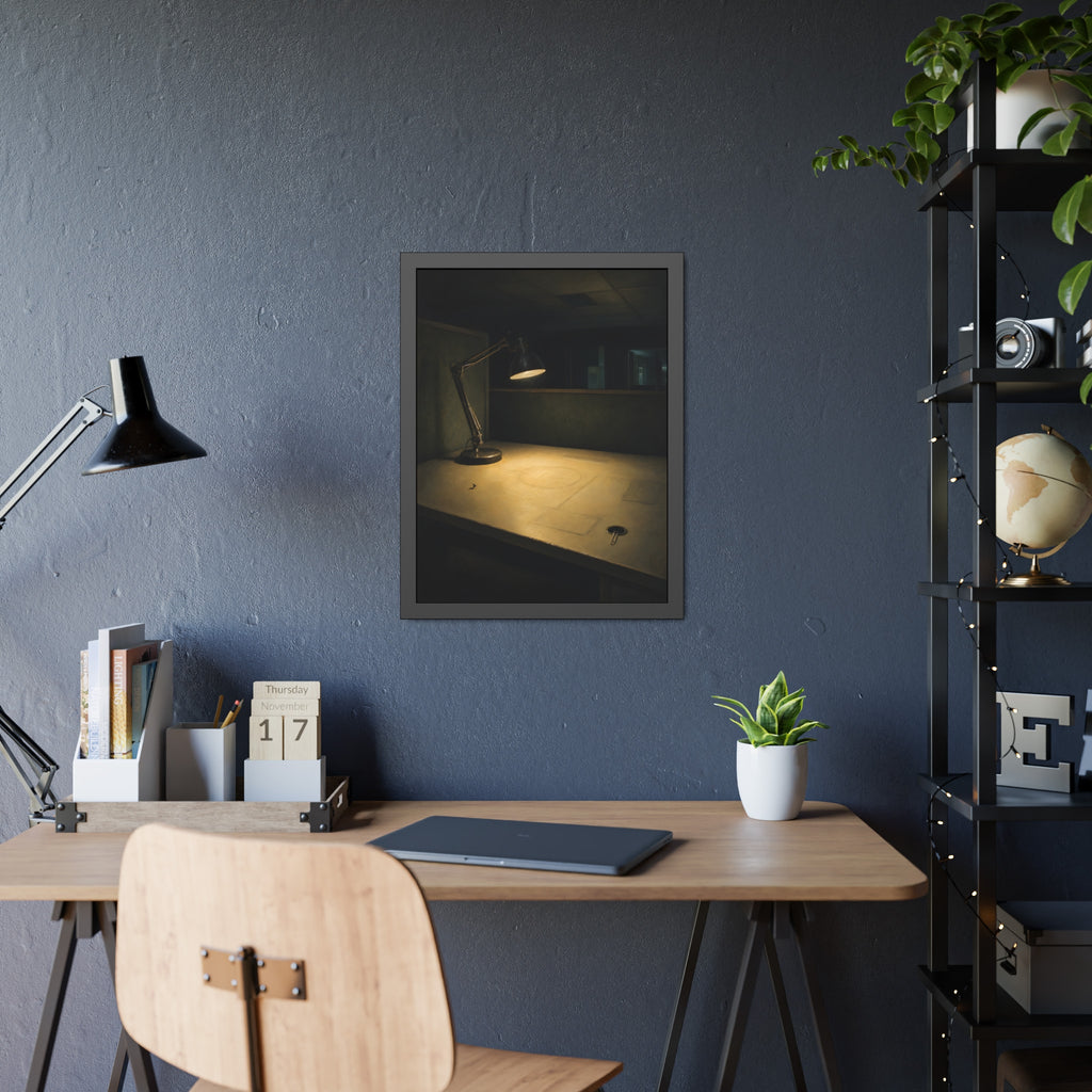 A lit desk lamp on an emptied office desk at night. The Desk Lamp Still Warm by Garabaggio, framed fine art print hanging in a room.
