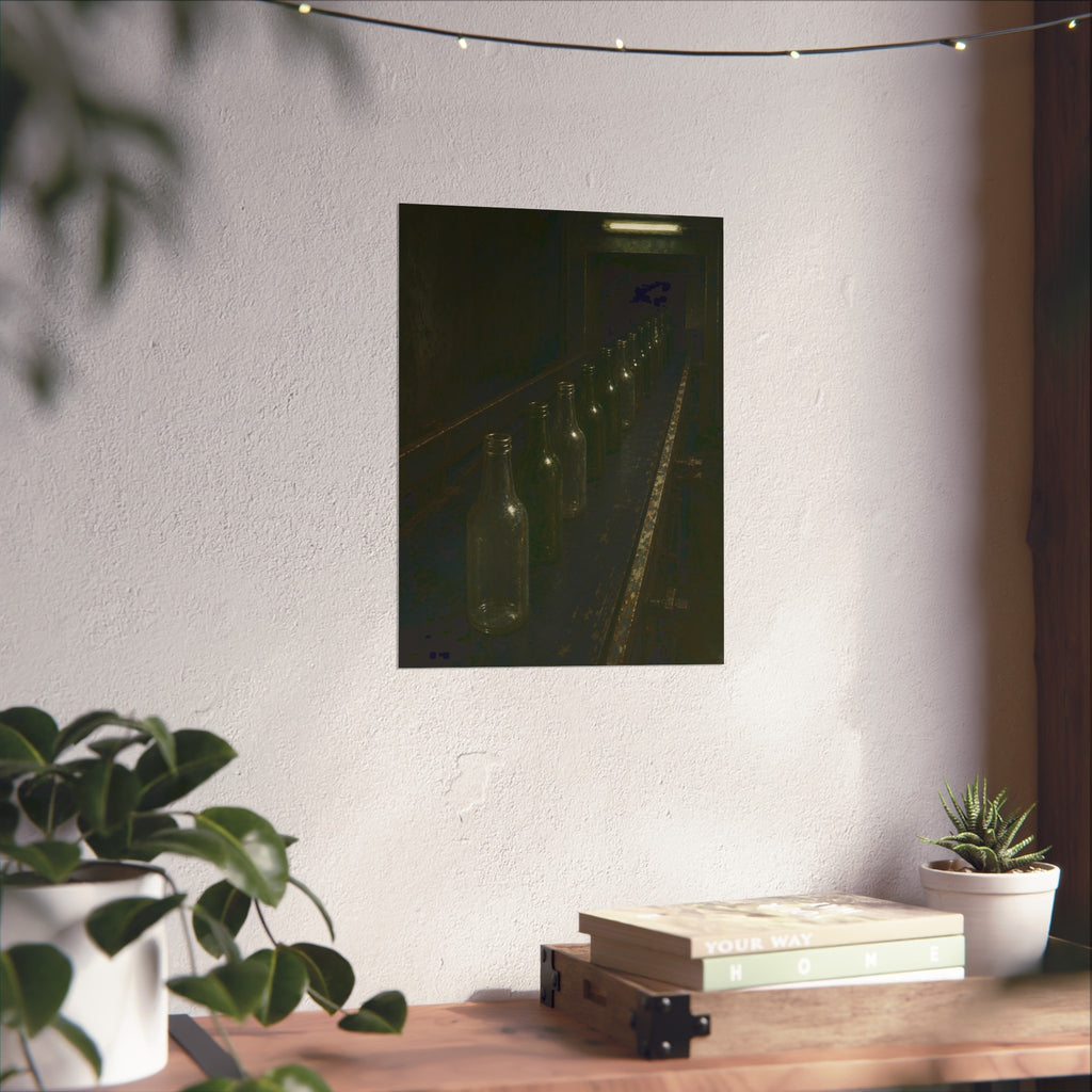 Empty glass bottles in a line on a conveyor under one fluorescent tube. The Procession of Bottles by Garabaggio, fine art print hanging in a room.