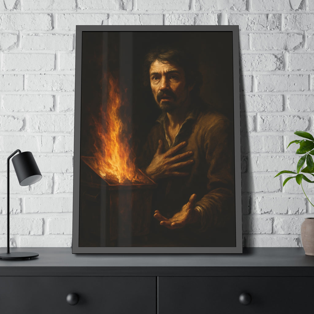 Man reaching an open palm toward a dumpster fire at his left. Self-Portrait as the Doubting Thomas by Garabaggio, framed fine art print hanging in a room.