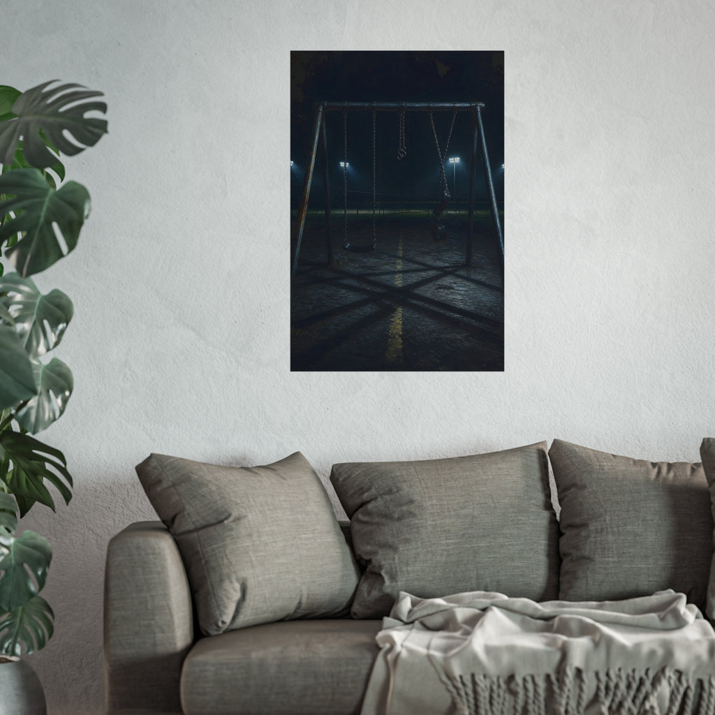 An empty swing set at night with field lights glowing behind it. The Ninth Hour: The Seat Still Moving by Garabaggio, fine art print hanging in a room.