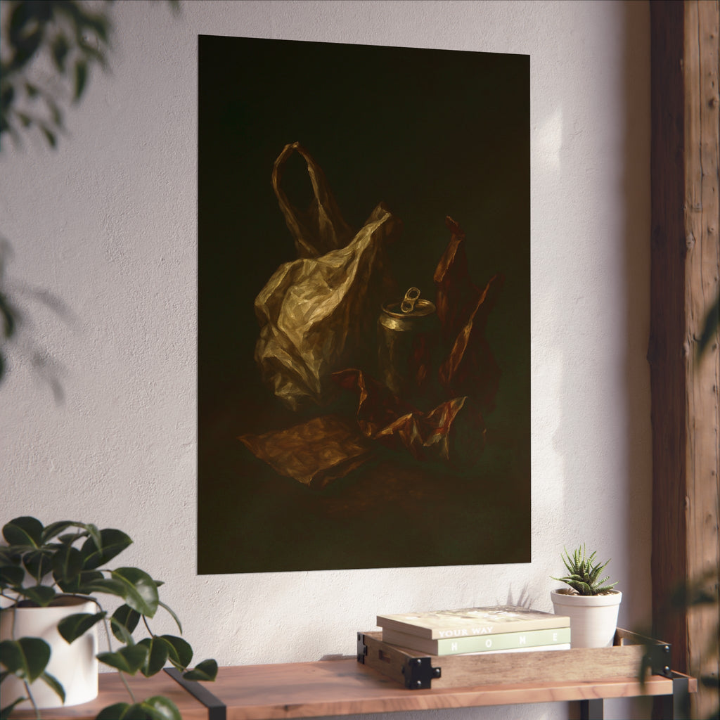 A crumpled plastic bag, crushed can and foil wrappers on a dark table. The Pietà of the Deflated by Garabaggio, fine art print hanging in a room.