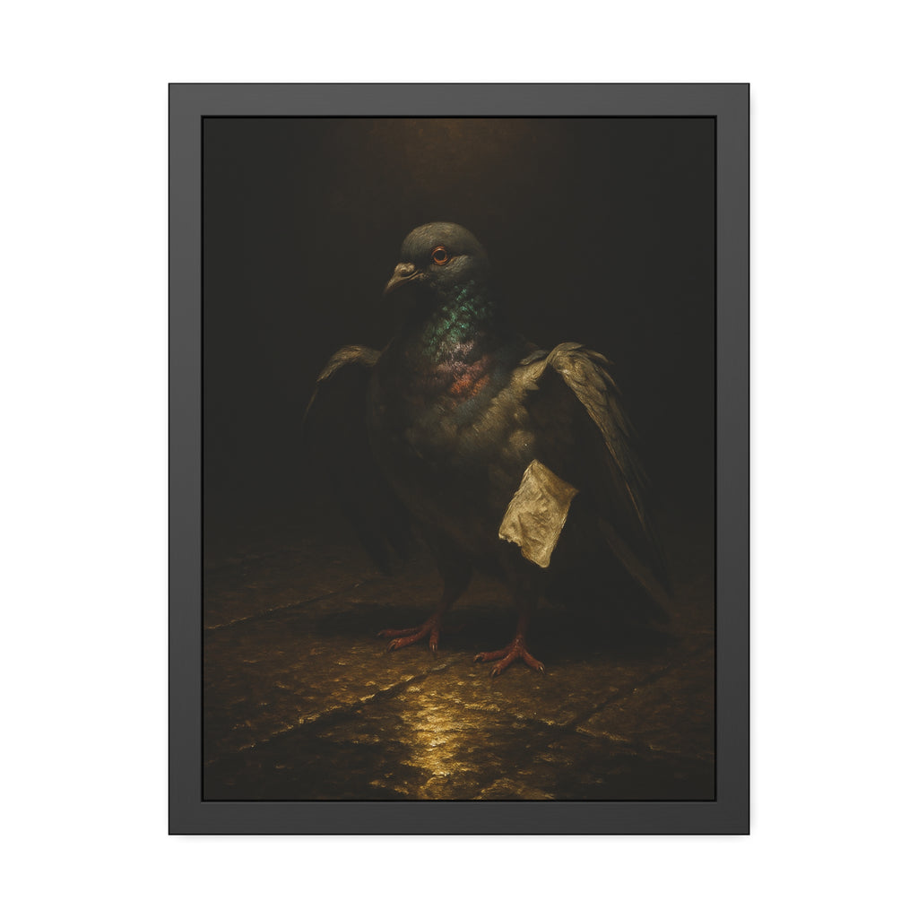 A pigeon with wings half raised, a paper scrap at its side. The Annunciation of the Common Pigeon by Garabaggio, framed fine art print hanging in a room.