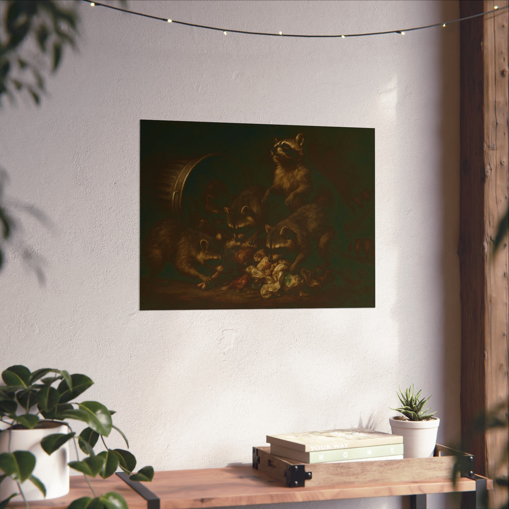 Five raccoons around a toppled metal trash can and spilled scraps. The Entombment of the Garbage by Garabaggio, fine art print hanging in a room.