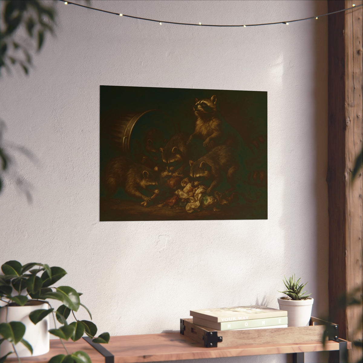 Five raccoons around a toppled metal trash can and spilled scraps. The Entombment of the Garbage by Garabaggio, fine art print hanging in a room.