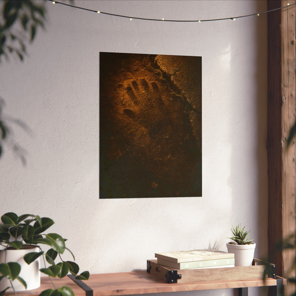 A glove shaped imprint left in cracked asphalt under warm light. The Assumption, or: What Remains by Garabaggio, fine art print hanging in a room.