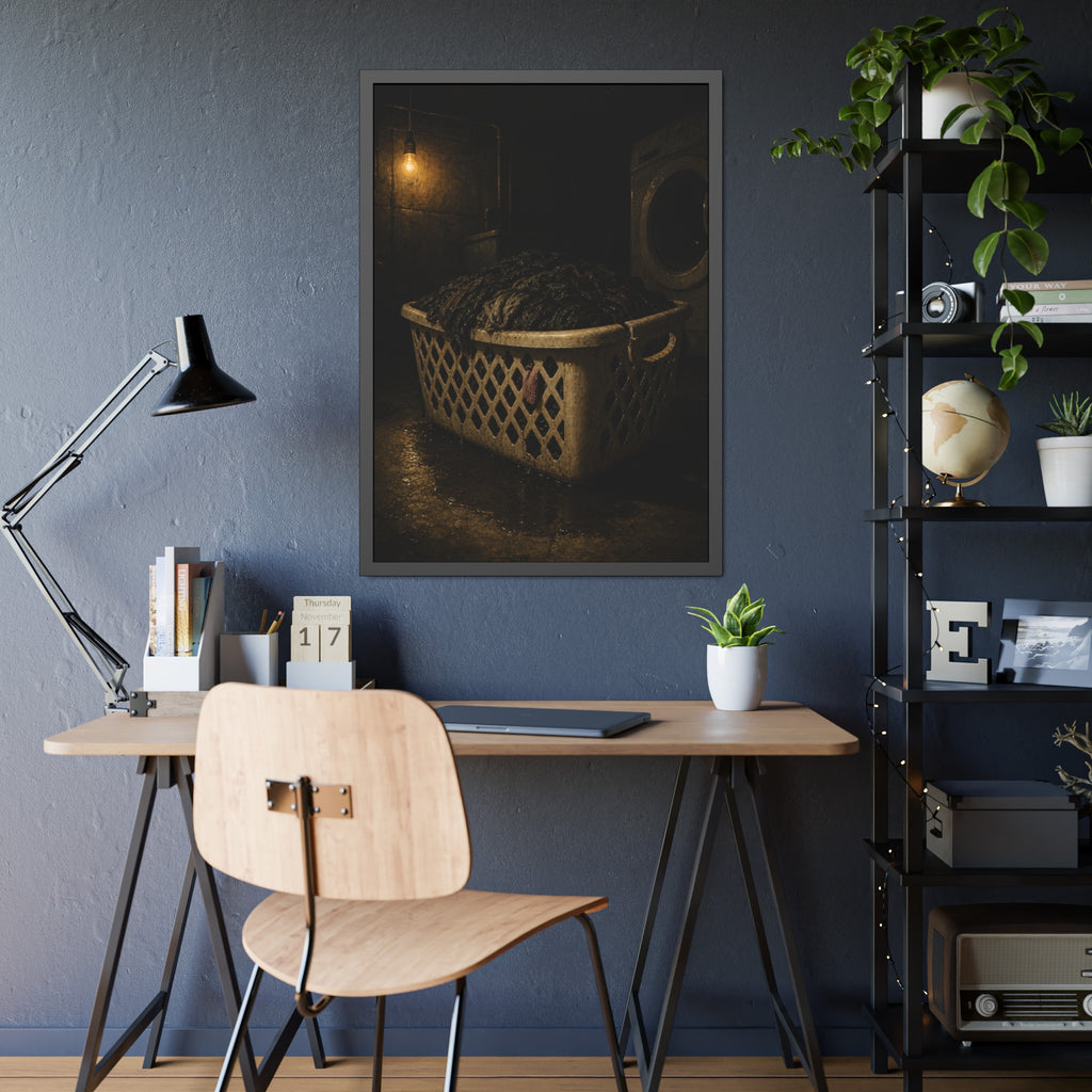 A laundry basket heaped with wet dark clothes under a bare bulb. The Burden of Wet Clothes by Garabaggio, framed fine art print hanging in a room.